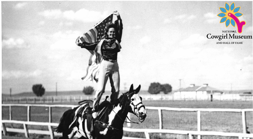 historical photo of woman riding horseback while standing