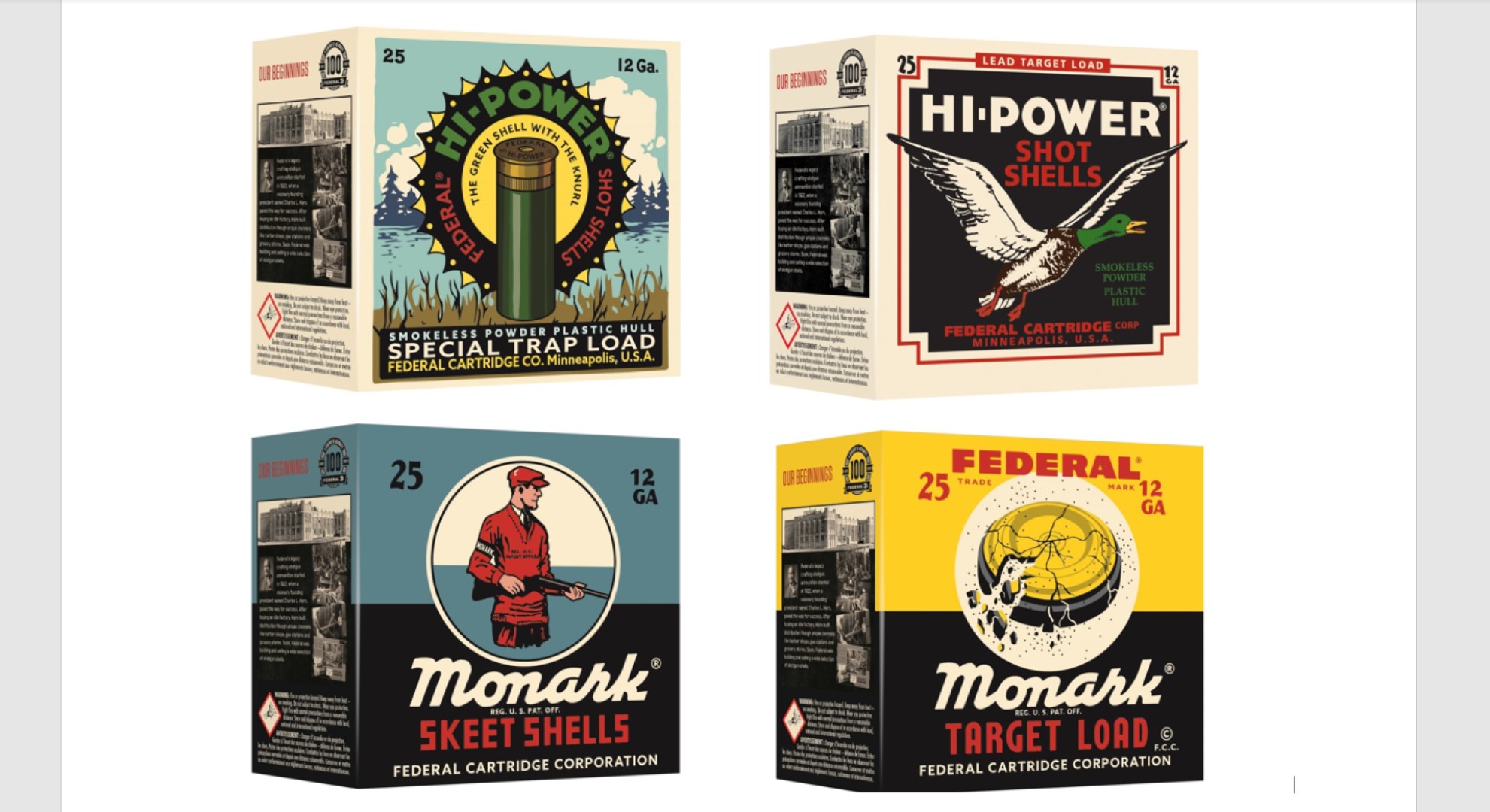 four nostalgic Federal shotshell boxes