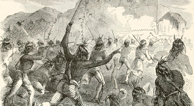 Woodcut illustration of native Americans battling